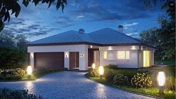 Удобный одноэтажный дом с гаражом для двух автомобилей, с большой площадью остекления в дневной зоне.